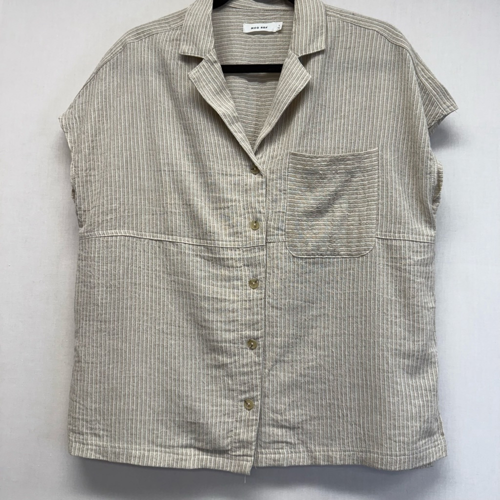 Women's MOD REF Beige White Stripe Short Sleeve Button Down Shirt L